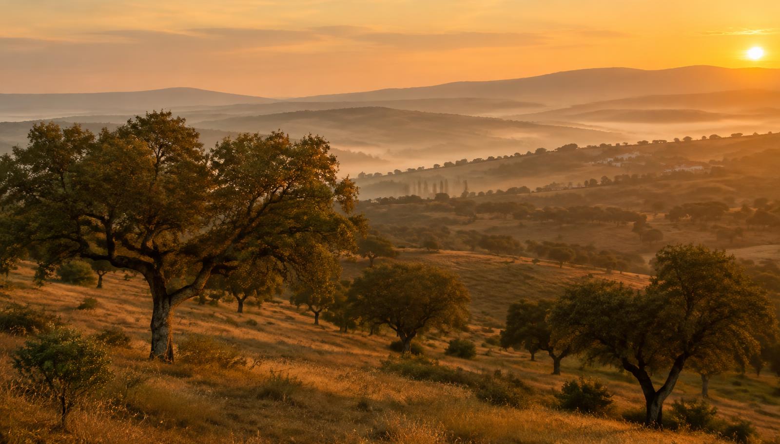 Paisagem serena da Beira Baixa ao entardecer, com sobreiros e colinas